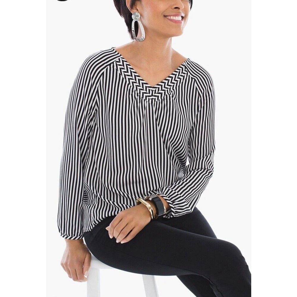 Chicos Striped Popover Peasant Boho Beachcore Blouse Elastic Cuffs Size 2 (Med)